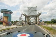 75th anniversary of D-Day - Classic Car Road Trip Normandy, 75 years after D-Day: The Ford GPW Jeep crossing the new Pegasus Bridge in Ranville. After landing by glider in...