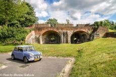 Ireland 2017 - Classic Car Road Trip: Our own classis Mini in front of Fort Amherst in Chatham, at Medway in Kent. The fort was built to defend the Dockyard...