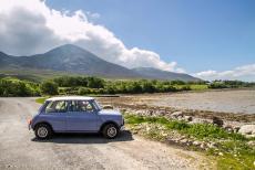 Ireland - Classic Car Road Trip Ireland:&nbsp;Our Mini Authi, with Croagh Patrick in the background. Standing 764 metres tall, it overlooks Westport and...
