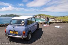 Ireland - Classic Car Road Trip through Ireland in a Mini Authi: The Slea Head Viewing Point on the Dingle Peninsula offers amazing views of the Blasket...
