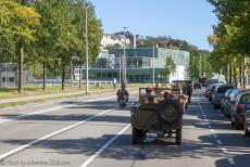 75 years after the Battle of Arnhem - Classic Car Road Trip: Race to the Bridge 2019, a 1942 Ford GPW Jeep driving via Onderlangs to the Rhine Bridge in Arnhem, the bridge is also...