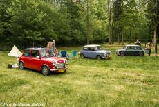Lithuania 2015 - Classic Car Road Trip from the Netherlands to Lithuania: Three classic Minis at the Wolfsschanze camping area at the Masurian village of...