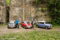 Lithuania 2015 - Classic Car Road Trip from the Netherlands to Lithuania: Three classic Minis in front of one of the bunkers of the Wolfsschanze, the...