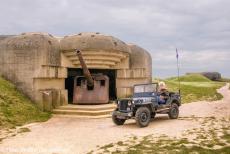 Normandy 2009 - Classic Car Road Trip Normandy: The Ford GPW Jeep in front of the German coastal defence battery at Longues-sur-Mer. The...